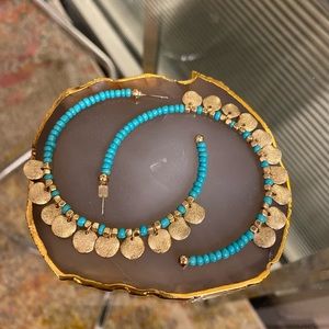 Turquoise and Gold Beaded Hoop Earrings